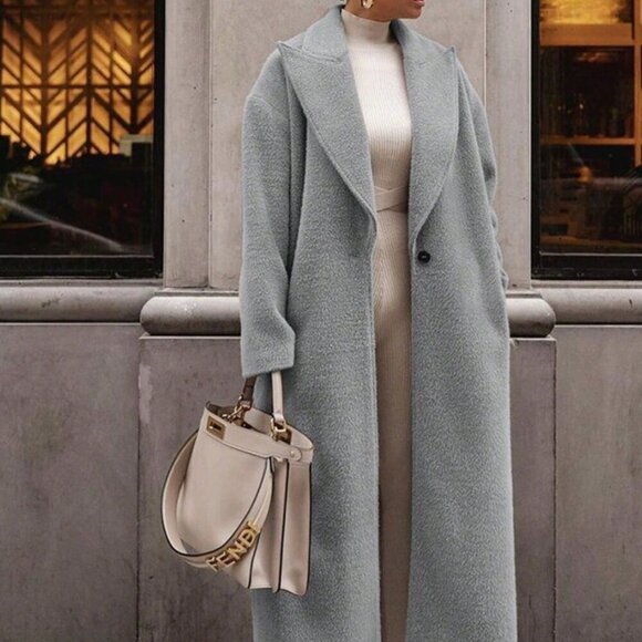 Jackets & Blazers - Grey Elegant Women's Plush Long Sleeved Lapel Coat